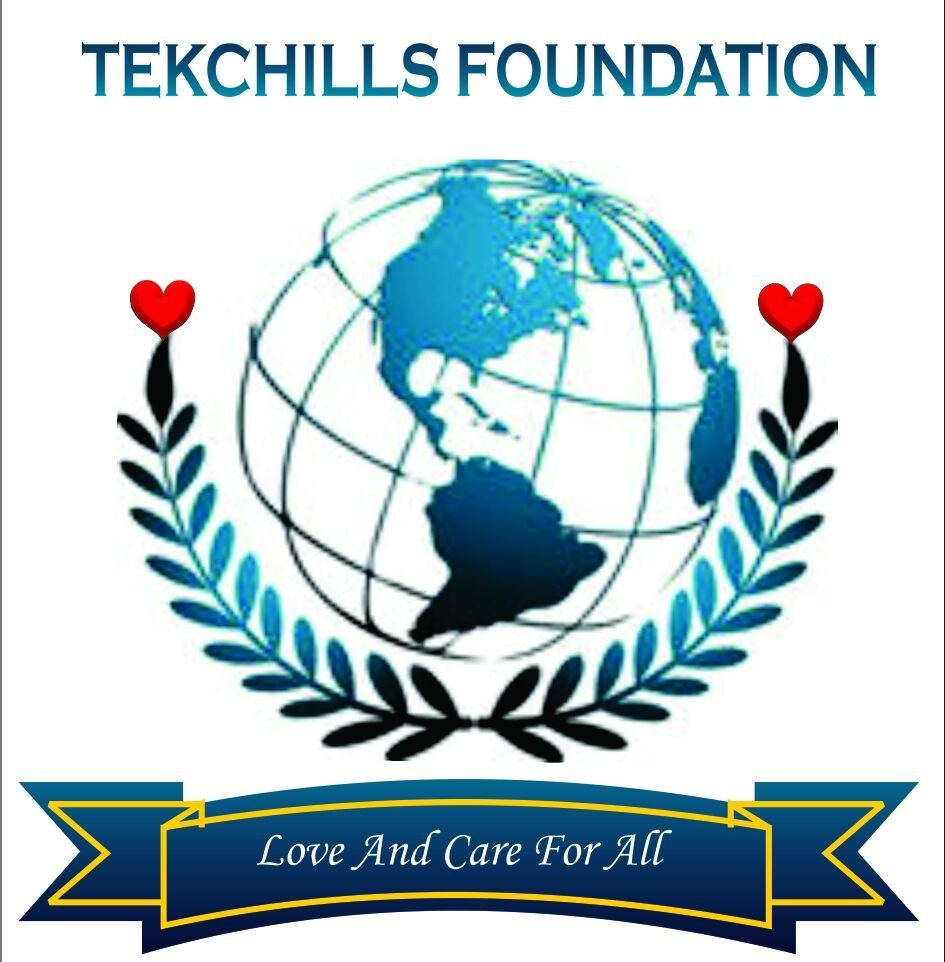 TEKCHILLS Foundation logo from September 2016: a globe with a laurel wreath and the motto Love And Care For All